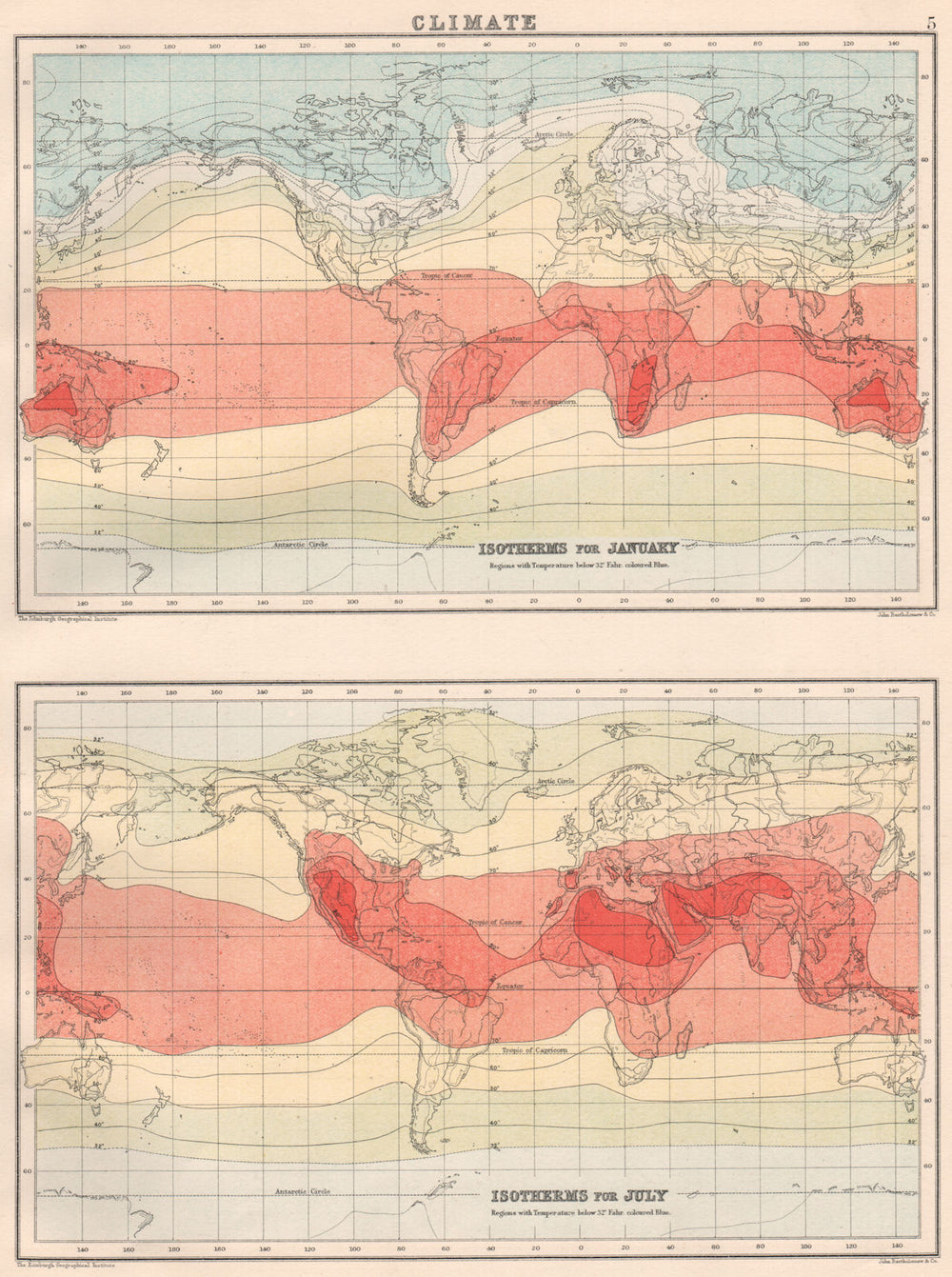 WORLD. Climate; Isotherms for January & July. BARTHOLOMEW 1891 old antique map