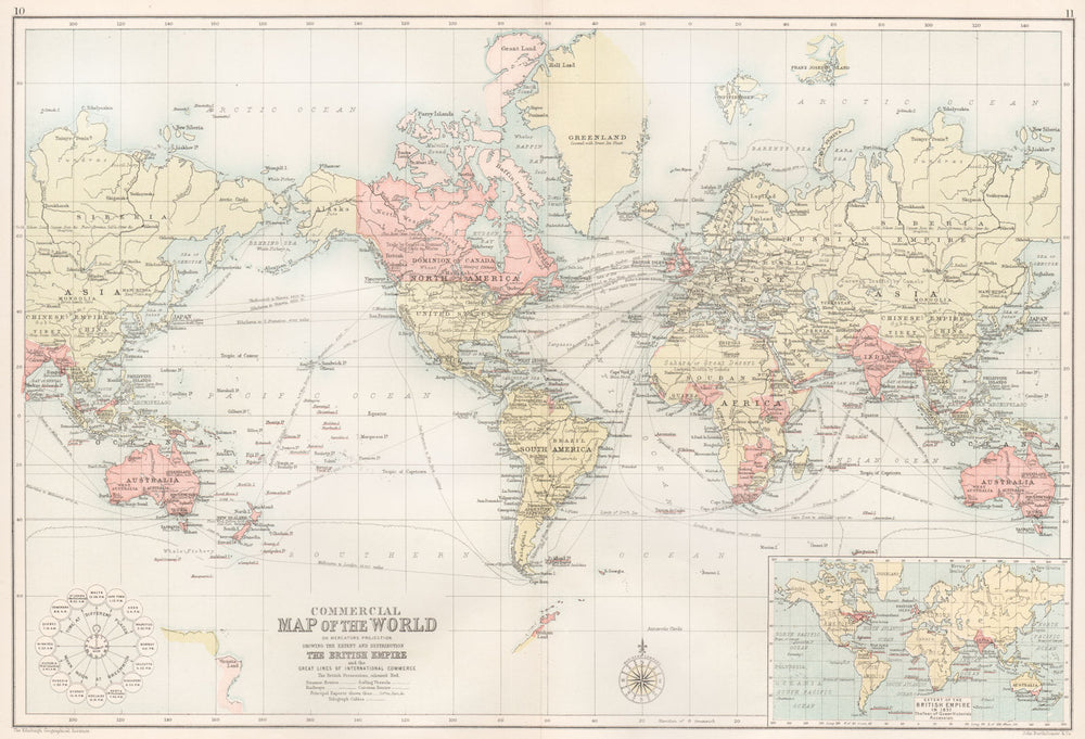 WORLD. Commercial map showing the British Empire. BARTHOLOMEW 1891 old