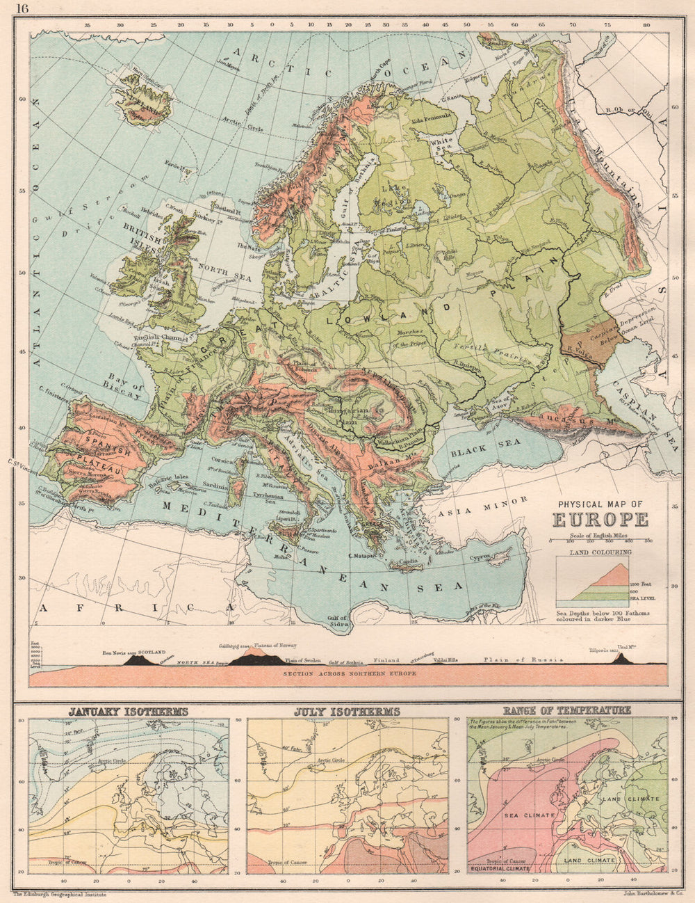 EUROPE PHYSICAL.January & July Isotherms.Temperature range.BARTHOLOMEW 1891 map