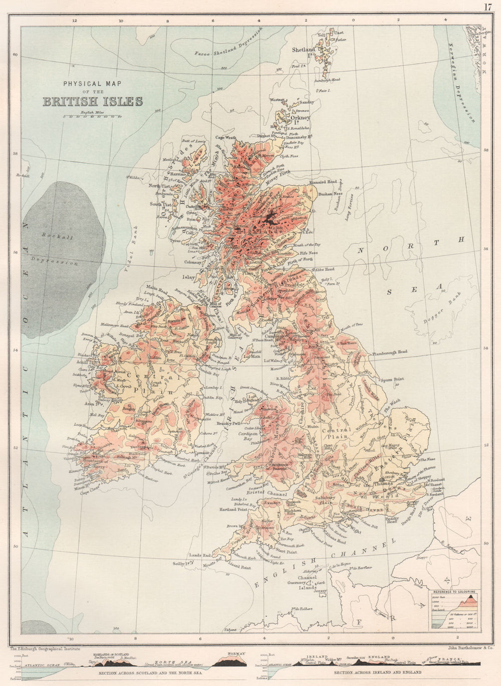 BRITISH ISLES PHYSICAL.Sections across North Sea/Ireland,Wales England 1891 map