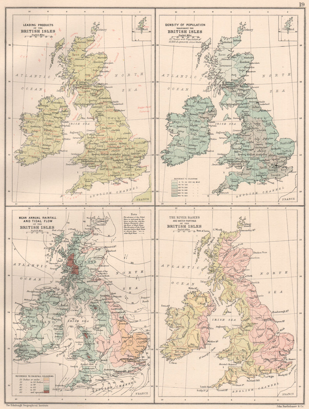 BRITISH ISLES.Produce Population Rainfall Tides River Basins Watersheds 1891 map