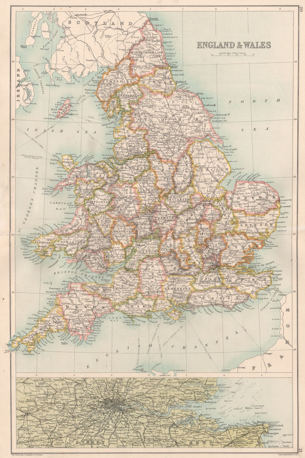 ENGLAND & WALES.Showing counties.Inset South East & London.BARTHOLOMEW 1891 map