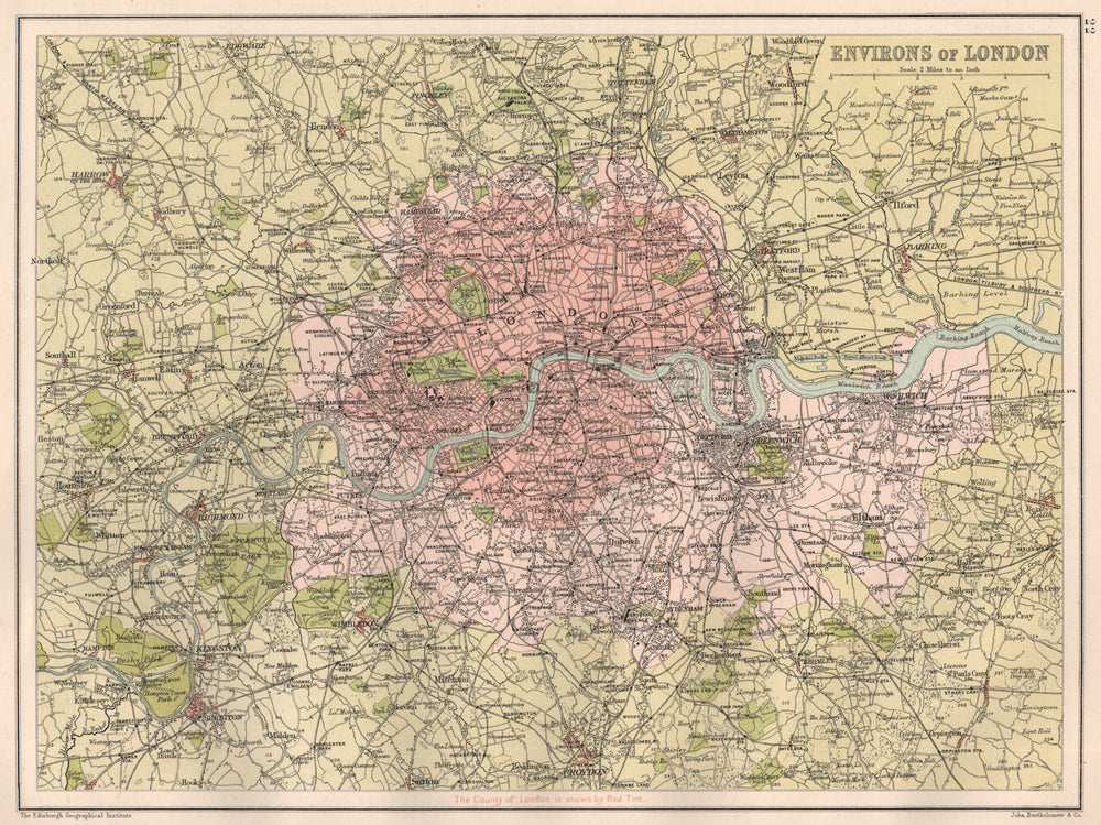 LONDON & ENVIRONS. Greater London & home counties. BARTHOLOMEW 1891 old map