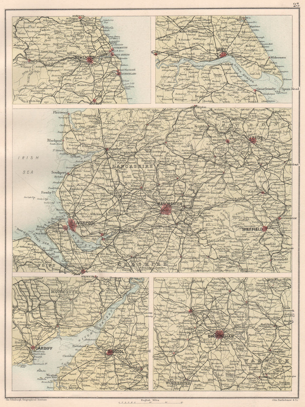 ENGLISH CITIES. Newcastle-upon-Tyne Hull Manchester Bristol Birmingham 1891 map