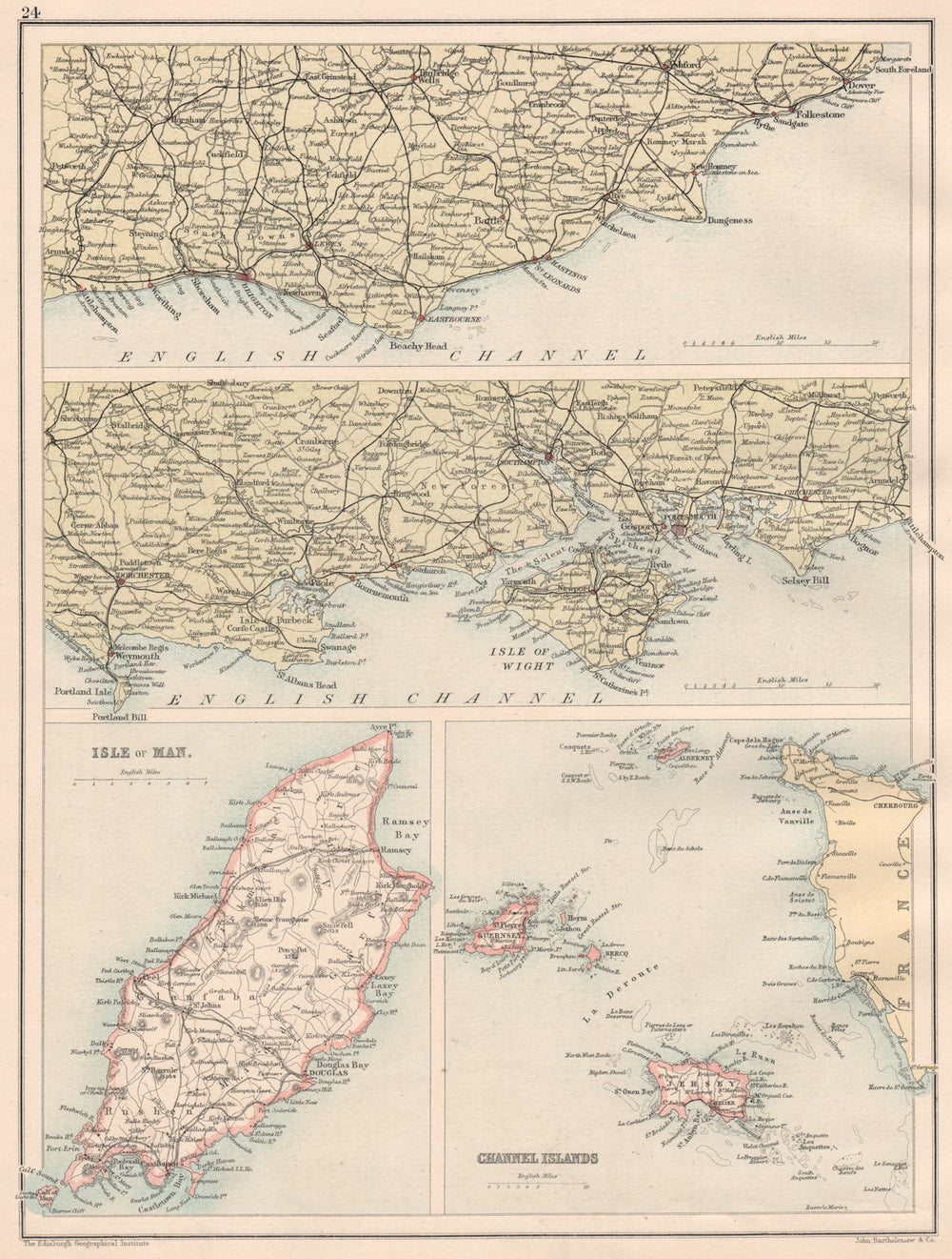 ENGLAND SOUTH COAST.Hants Dorset Sussex Kent.Isle of Man Channel Isles 1891 map