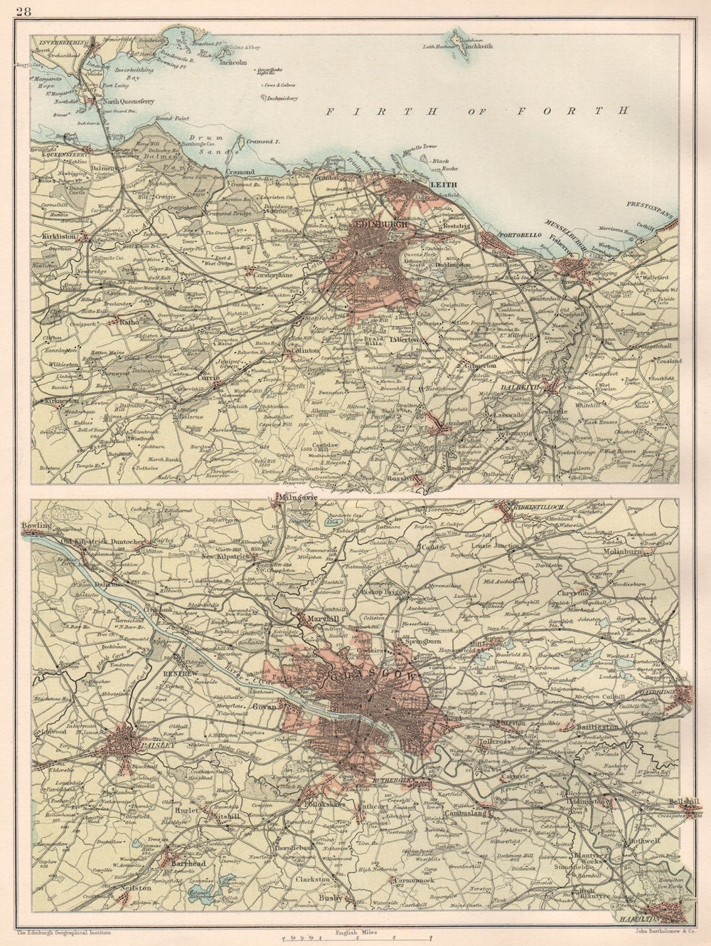 SCOTTISH CITIES.Edinburgh & Glasgow environs.Leith Paisley.BARTHOLOMEW 1891 map