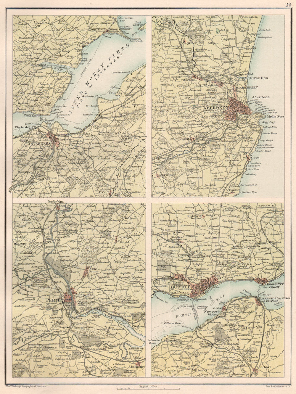 SCOTTISH CITIES. Inverness Aberdeen Perth Dundee environs. BARTHOLOMEW 1891 map