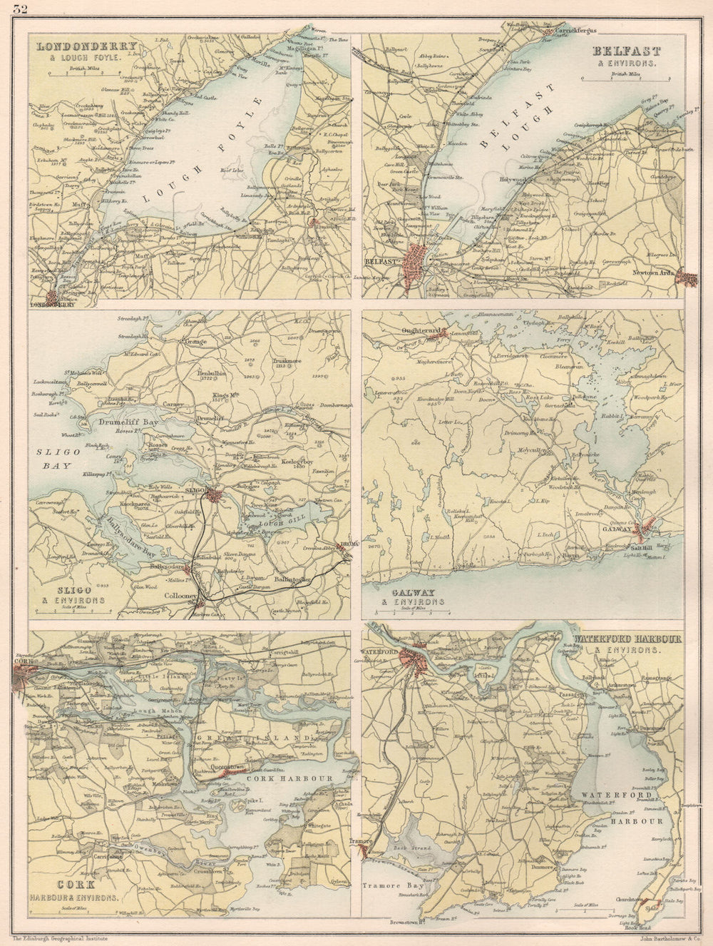 IRISH TOWNS & HARBOURS. Londonderry Belfast Sligo Galway Cork Waterford 1891 map