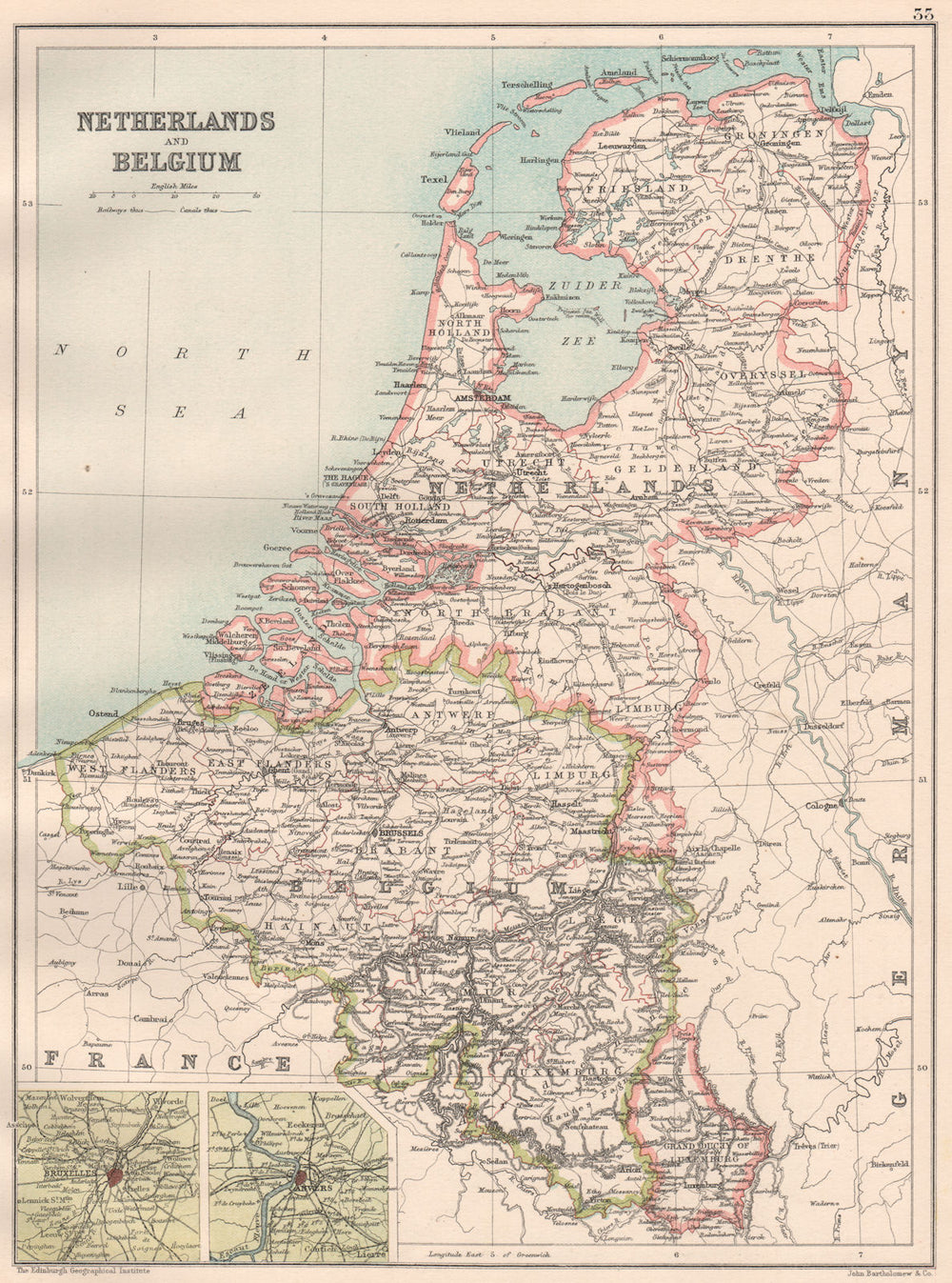 BENELUX. Netherlands Belgium Luxembourg; Bruxelles Anvers. BARTHOLOMEW 1891 map