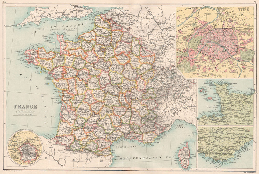 FRANCE.with departements.Inset Paris Environs Côte d'Azur.BARTHOLOMEW 1891 map
