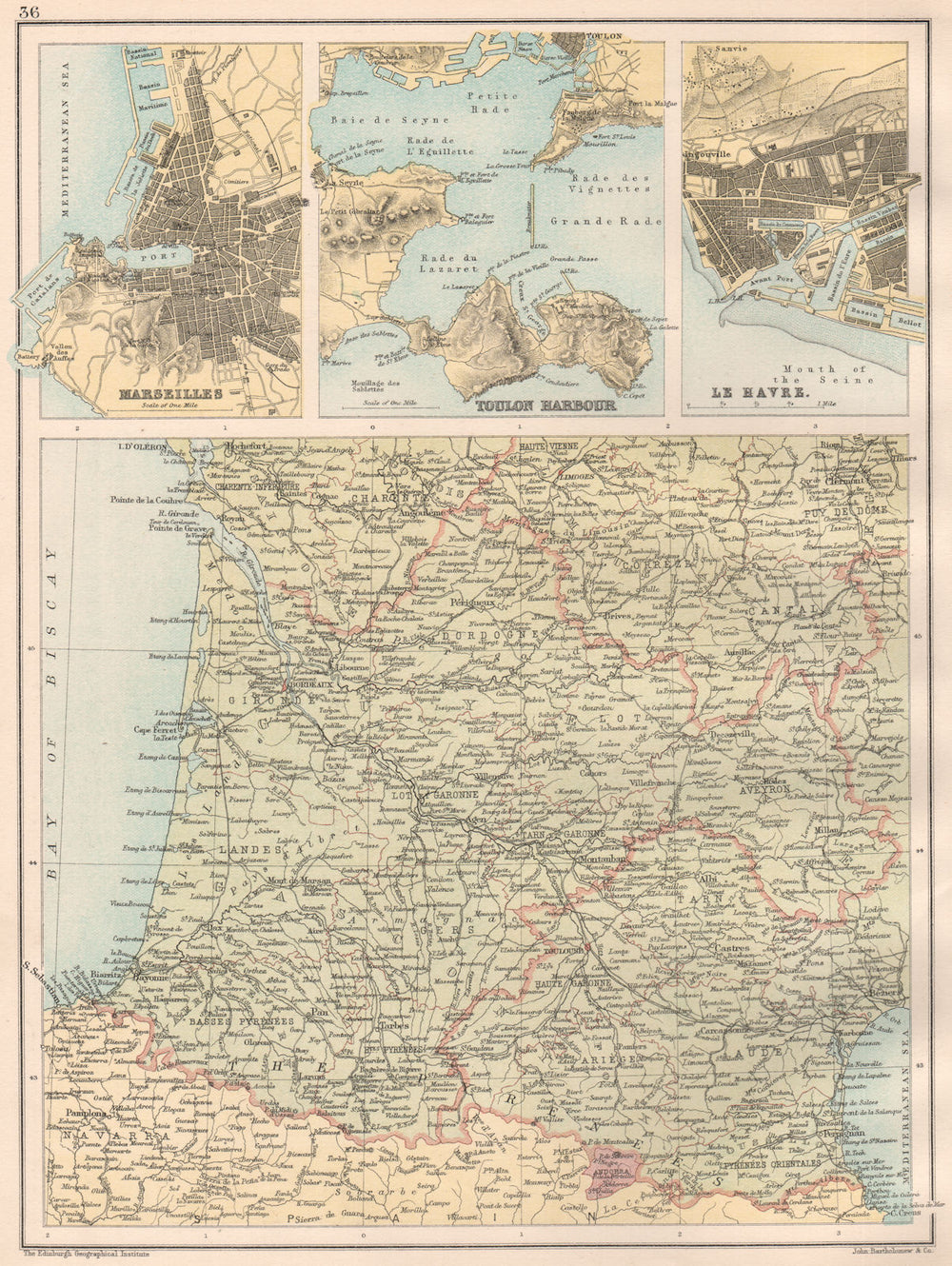 FRANCE SOUTH WEST & FRENCH PORTS.Marseilles Toulon Le Havre.BARTHOLOMEW 1891 map