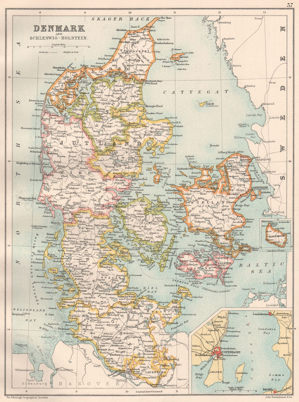 DENMARK.with Schleswig-Holstein;Inset Copenhagen;Bornholm.BARTHOLOMEW 1891 map