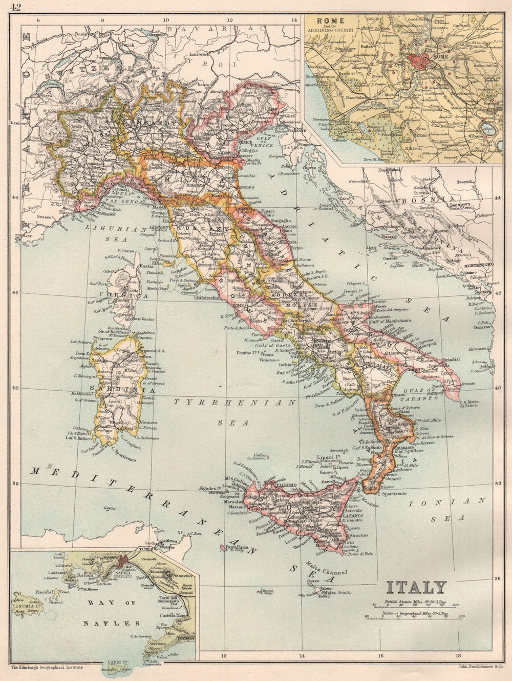 ITALY. Showing regions. Inset Bay of Naples; Rome. BARTHOLOMEW 1891 old map