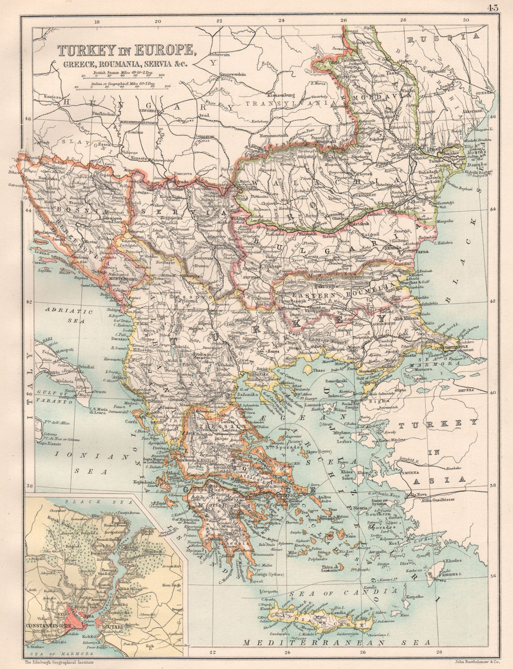 TURKEY IN EUROPE. Balkans Greece Roumelia. Constantinople (Istanbul)  1891 map
