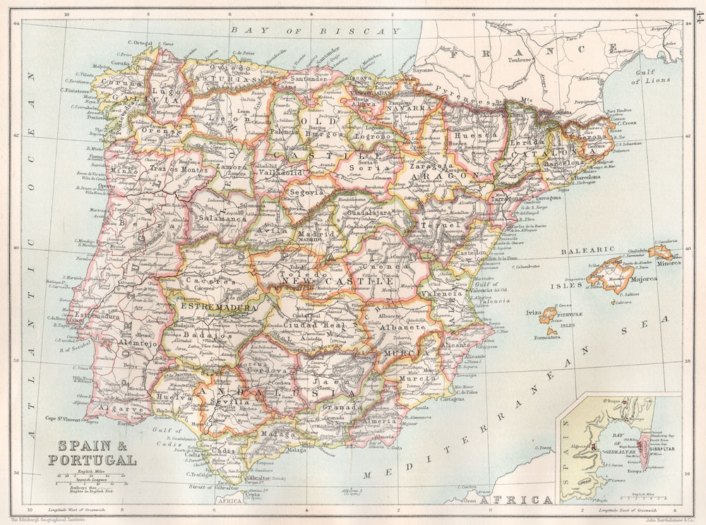 IBERIA. Spain provinces & Portugal; Inset Gibraltar. BARTHOLOMEW 1891 old map