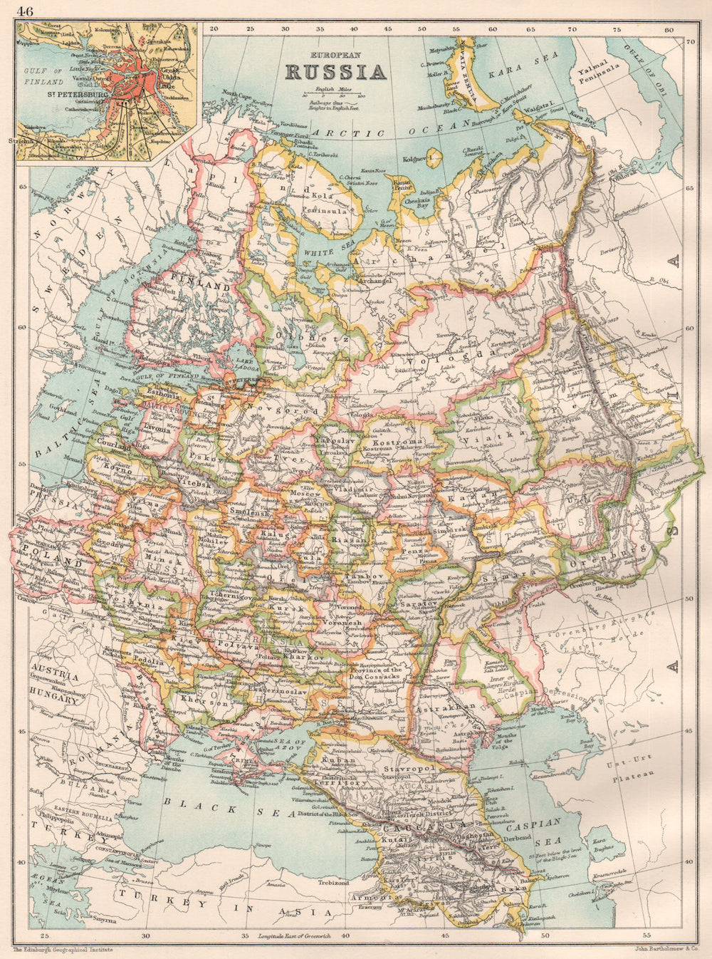 EUROPEAN RUSSIA.Inc.Caucasia Finland Baltics Poland.Inset St.Petersburg 1891 map