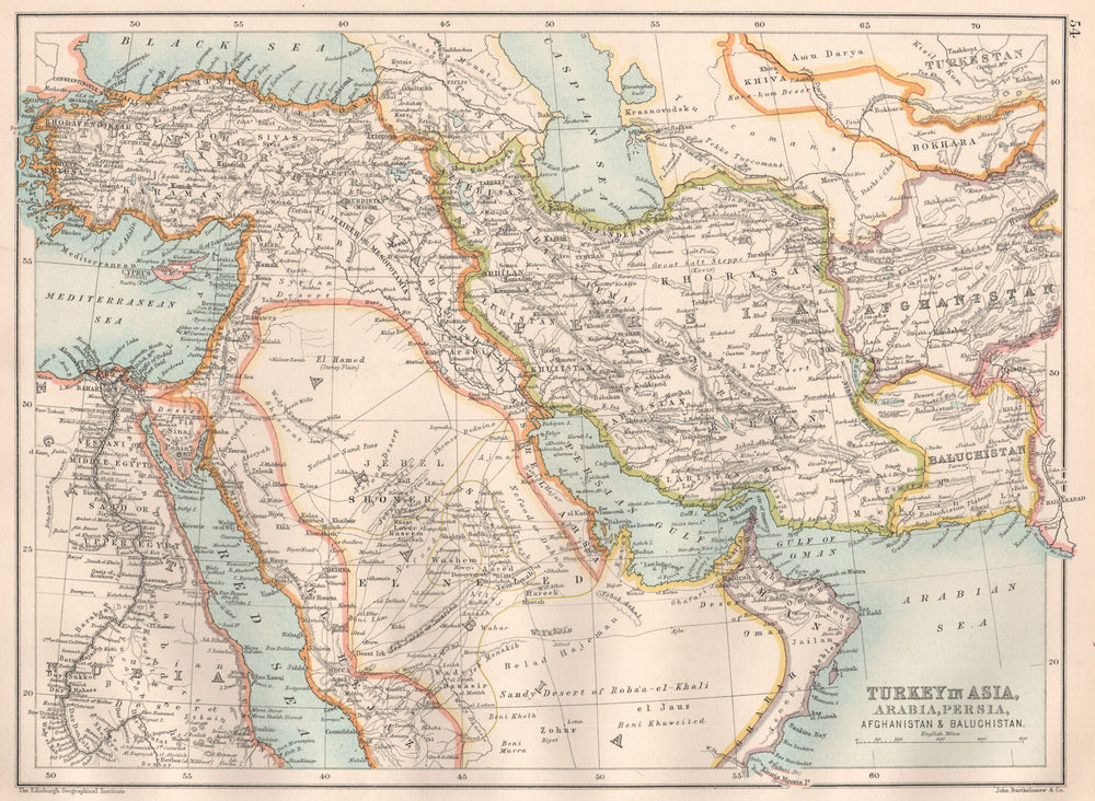 TURKEY IN ASIA. Arabia Persia (Iran) Afghanistan Baluchistan Egypt Oman 1891 map