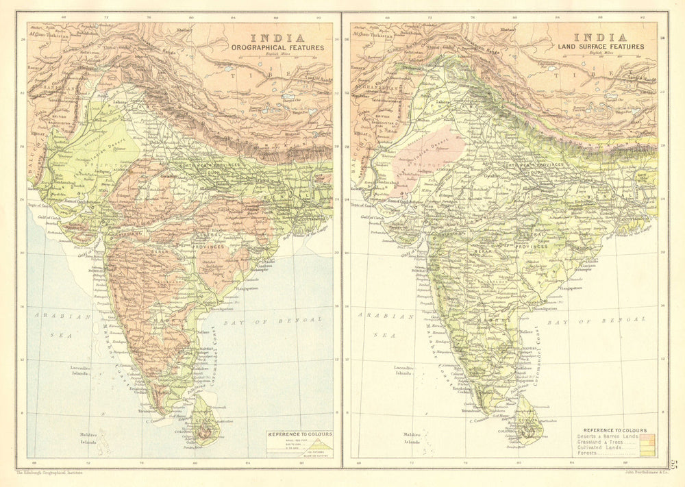 INDIA. Orographical/relief & Land surface features. BARTHOLOMEW 1891 old map