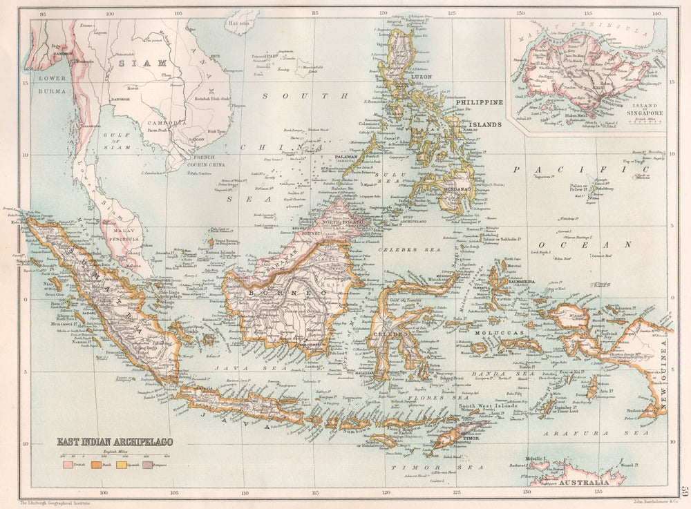 EAST INDIAN ARCHIPELAGO. Indonesia Philippines. Inset Singapore 1891 old map