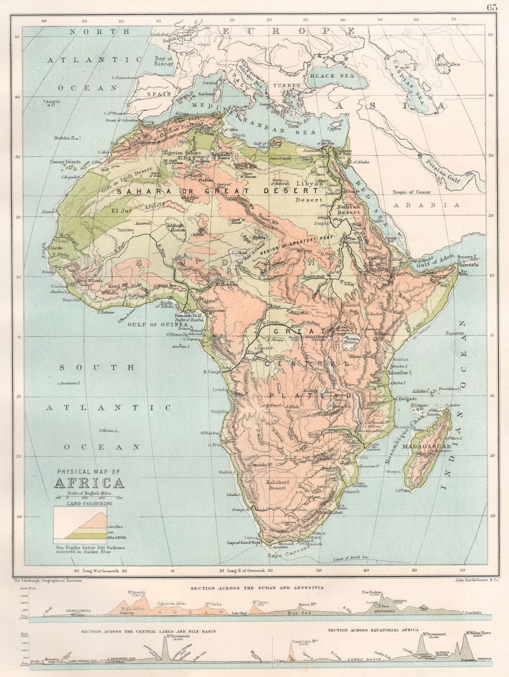 AFRICA PHYSICAL.Sudan-Abyssinia,Central Lakes-Nile Equatorial sections 1891 map