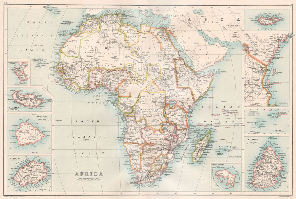 AFRICA/ISLANDS.Madeira St.Helena Socotra Zanzibar Seychelles Mauritius 1891 map