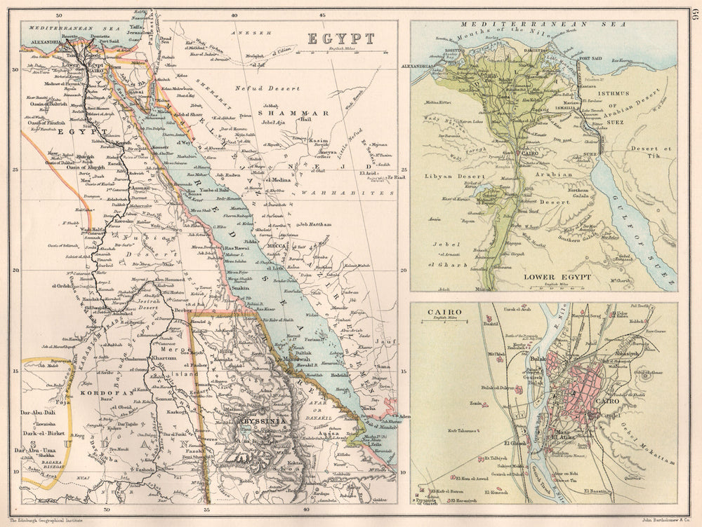 LOWER EGYPT & RED SEA. Nile Delta. Arabian coast Cairo. BARTHOLOMEW 1891 map