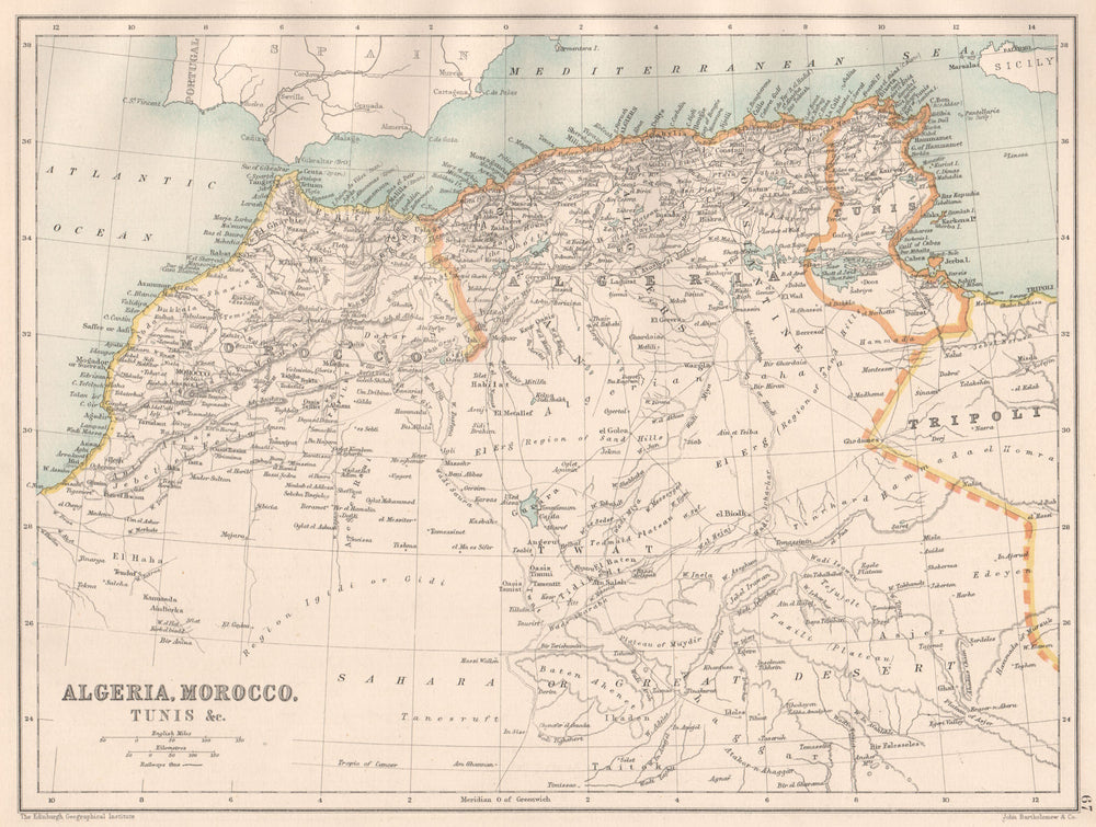 NORTH AFRICA. Algeria Morocco Tunis Tunisia Maghreb. BARTHOLOMEW 1891 old map