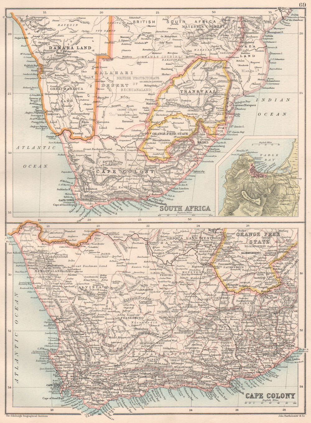 SOUTH AFRICA. Cape Colony Damaraland Bechuanaland; Ins. Cape Town 1891 old map