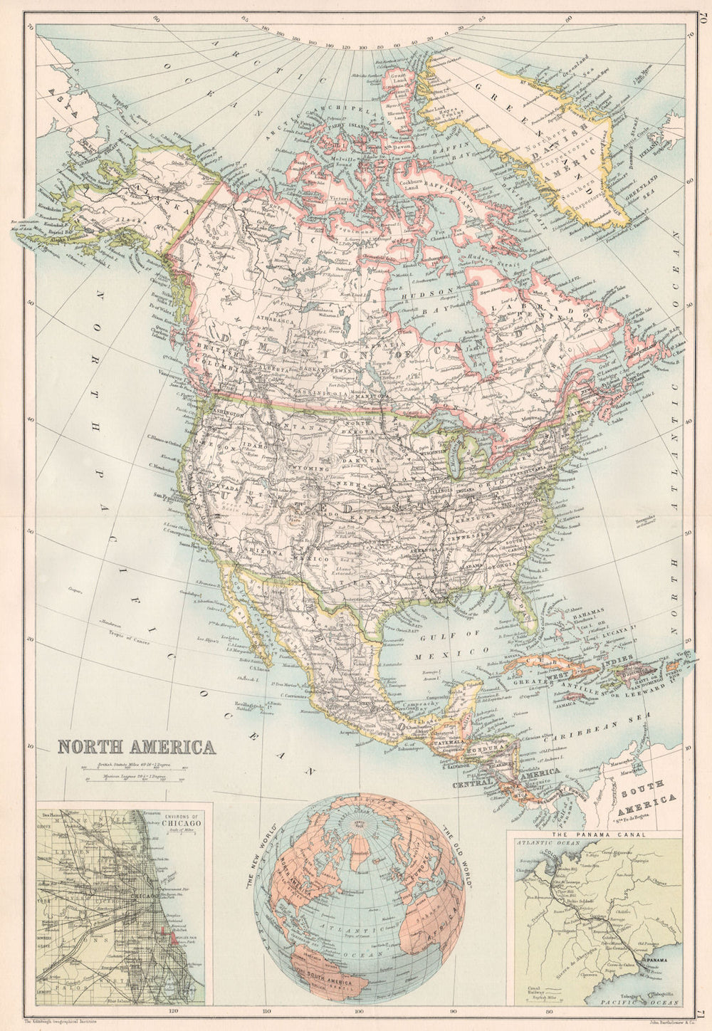 NORTH AMERICA. Inset Chicago & the Panama Canal. BARTHOLOMEW 1891 old map