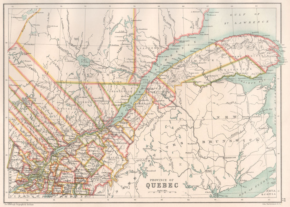QUEBEC QUÉBEC. Showing counties/territories. Canada. BARTHOLOMEW 1891 old map