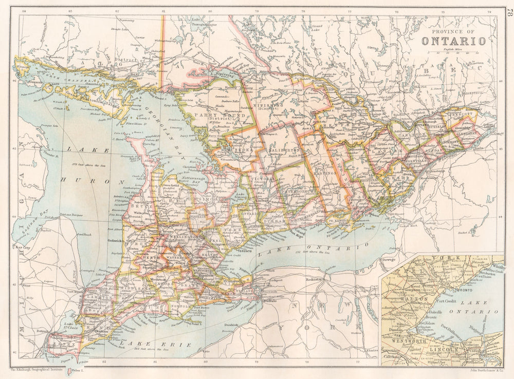 ONTARIO. Showing divisions districts counties. Canada. BARTHOLOMEW 1891 map