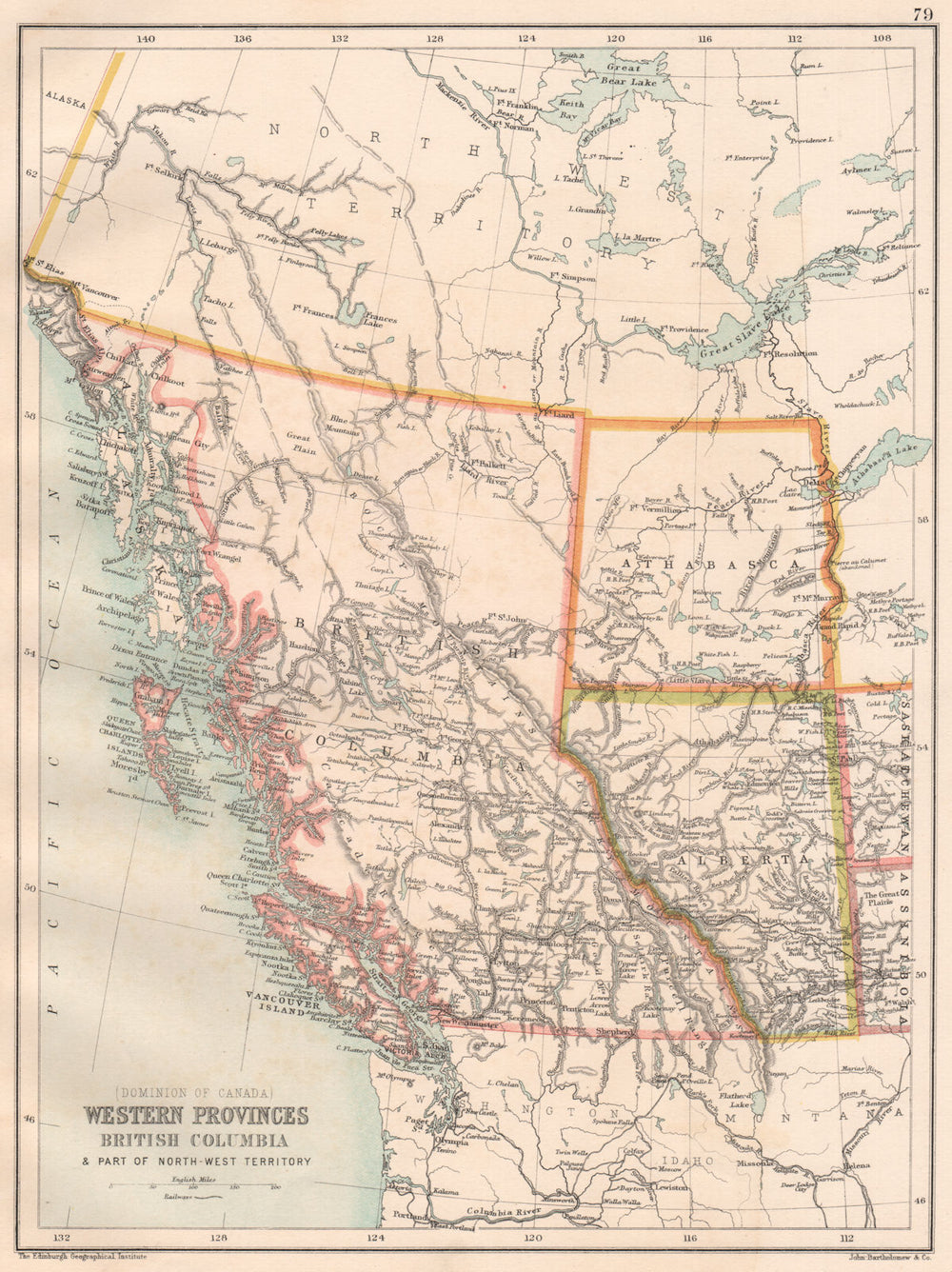 WESTERN CANADA. British Columbia Alberta Athabasca. NW Territory 1891 old map