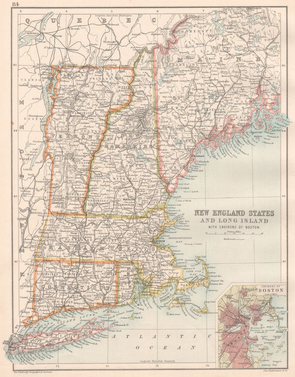 NEW ENGLAND & LONG ISLAND.Maine NH Vermont MA Connecticut.Inset Boston 1891 map