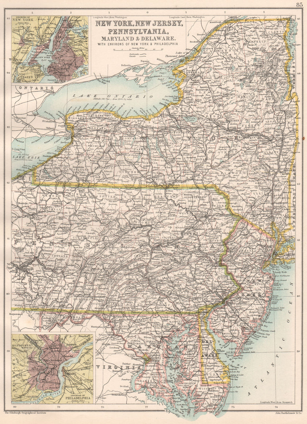MID ATLANTIC STATES. NY NJ Pennsylvania, MD Delaware. NYC Philadelphia 1891 map