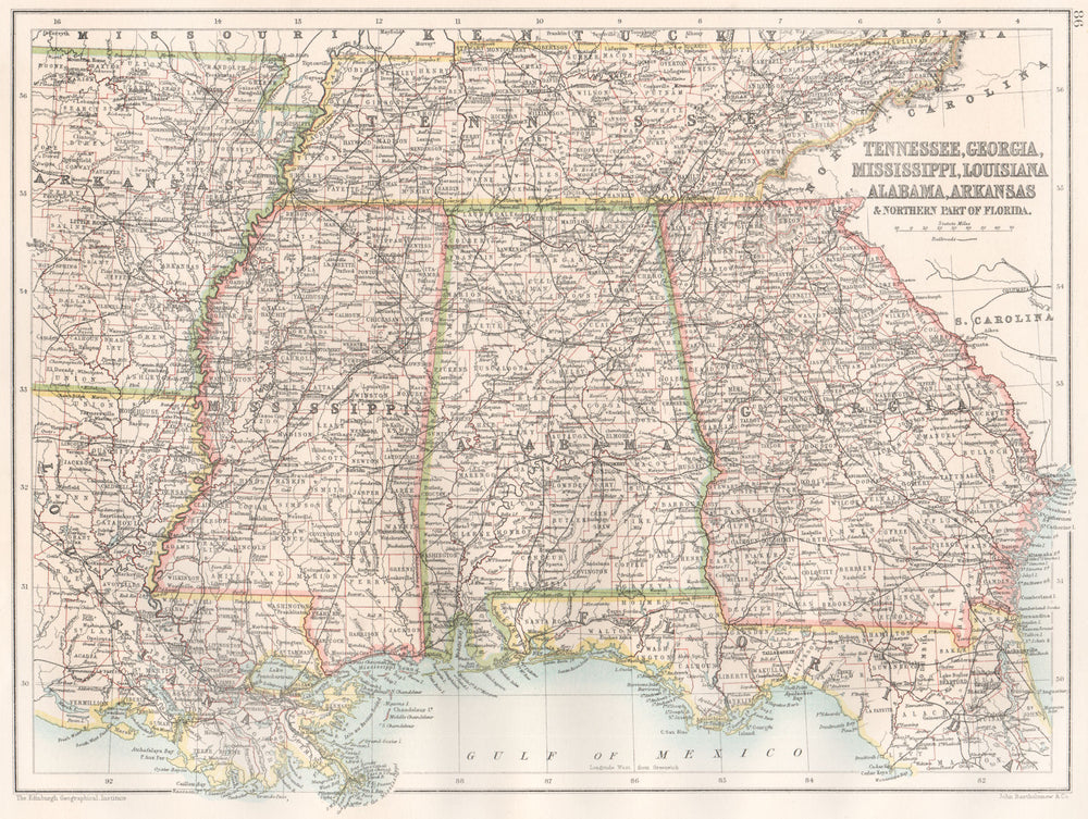 SOUTHEASTERN USA.Tennessee,Georgia,Mississippi,Alabama,AR FL panhandle 1891 map