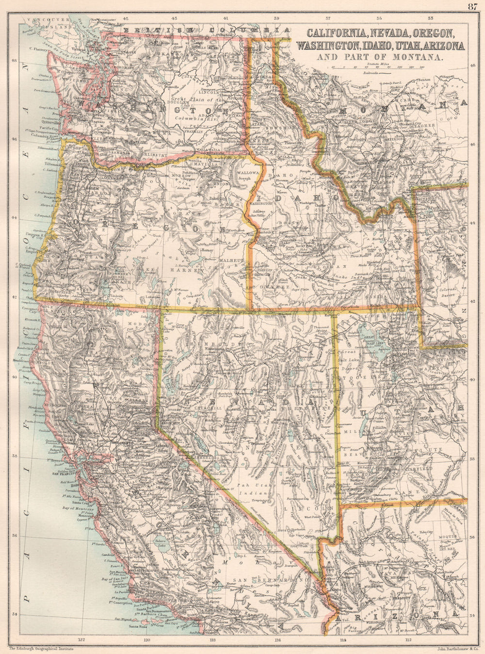 WESTERN USA. California Nevada Oregon Washington Idaho Utah Arizona 1891 map
