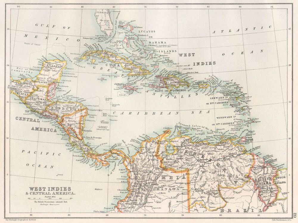 CARIBBEAN. West Indies & Central America. BARTHOLOMEW 1891 old antique map