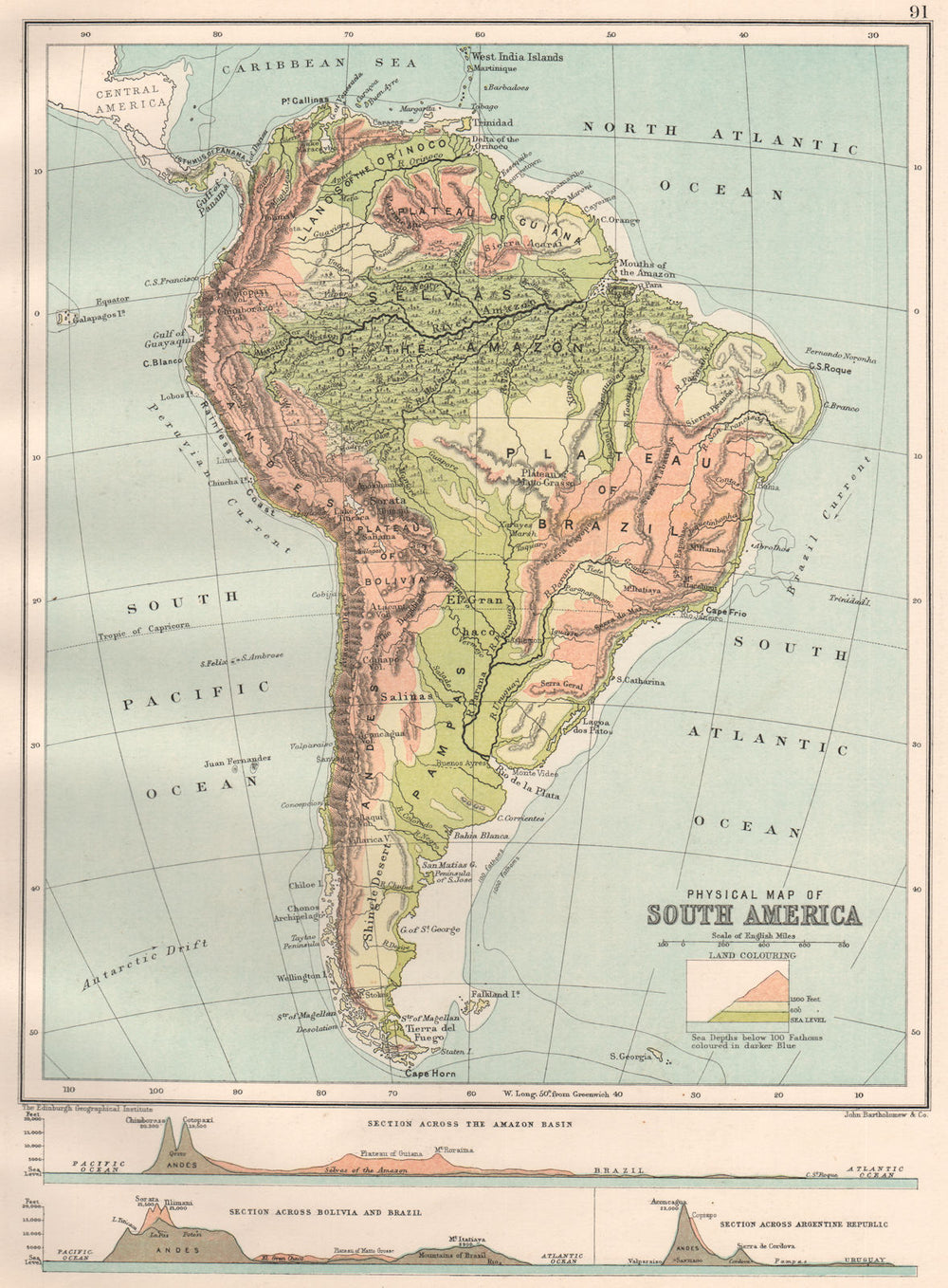 SOUTH AMERICA. Amazon basin, Bolivia-Brazil & Argentina-Chile sections 1891 map