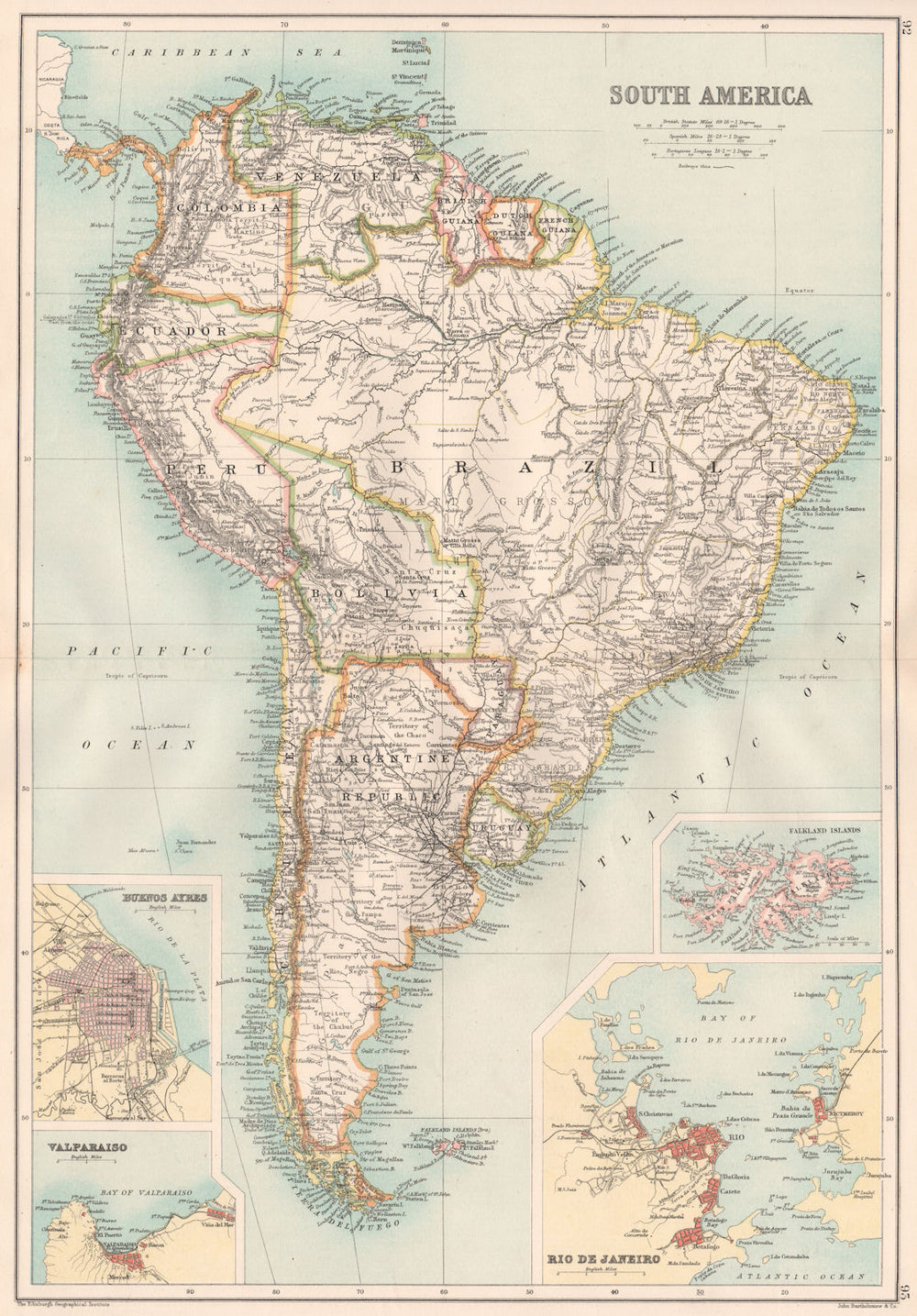 SOUTH AMERICA. Inset Buenos Aires Valparaiso Falklands Rio de Janeiro 1891 map