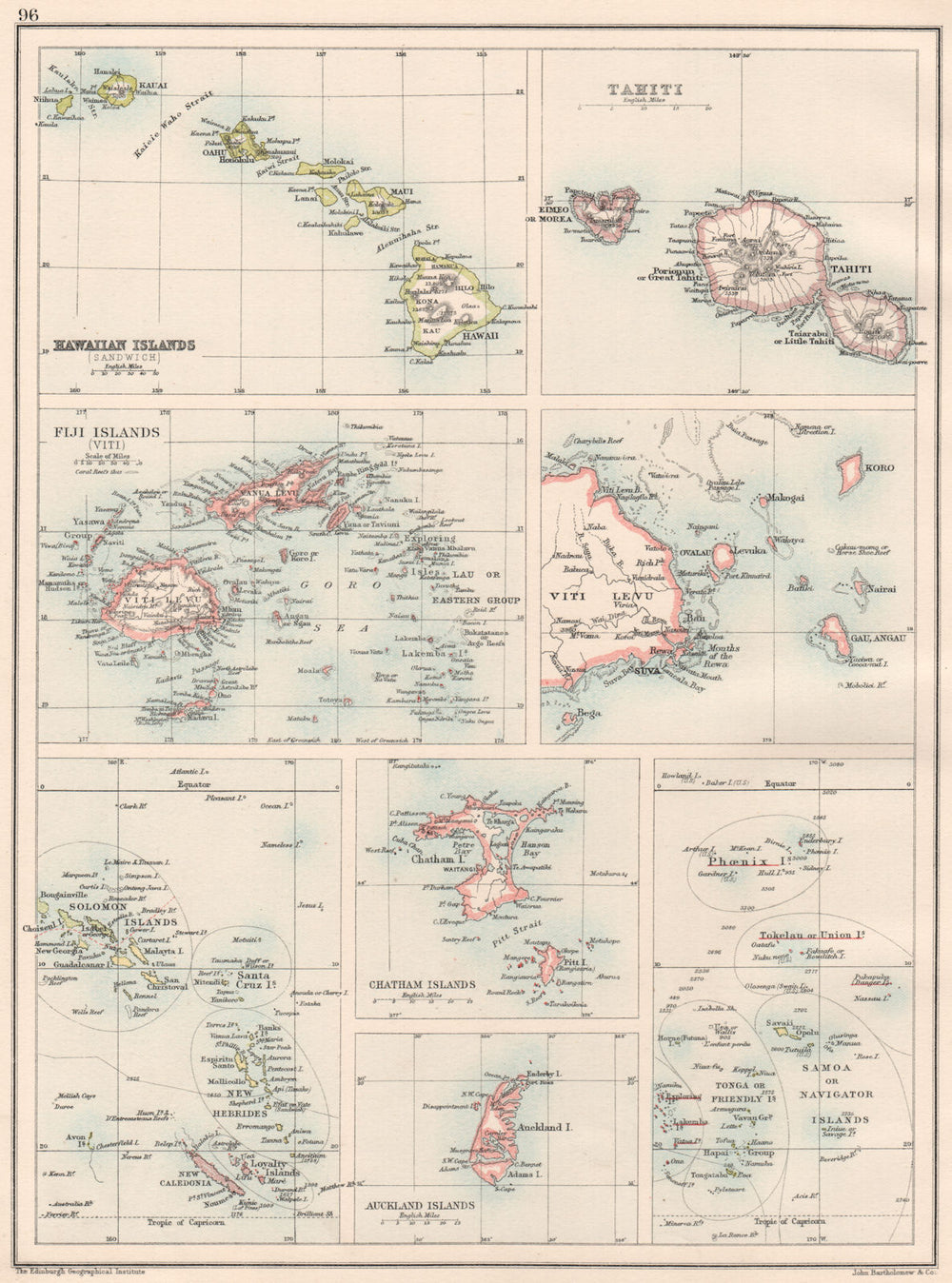 PACIFIC ISLANDS. Fiji Viti Levu Hawaii Tahiti Samoa; Chatham Solomons 1891 map