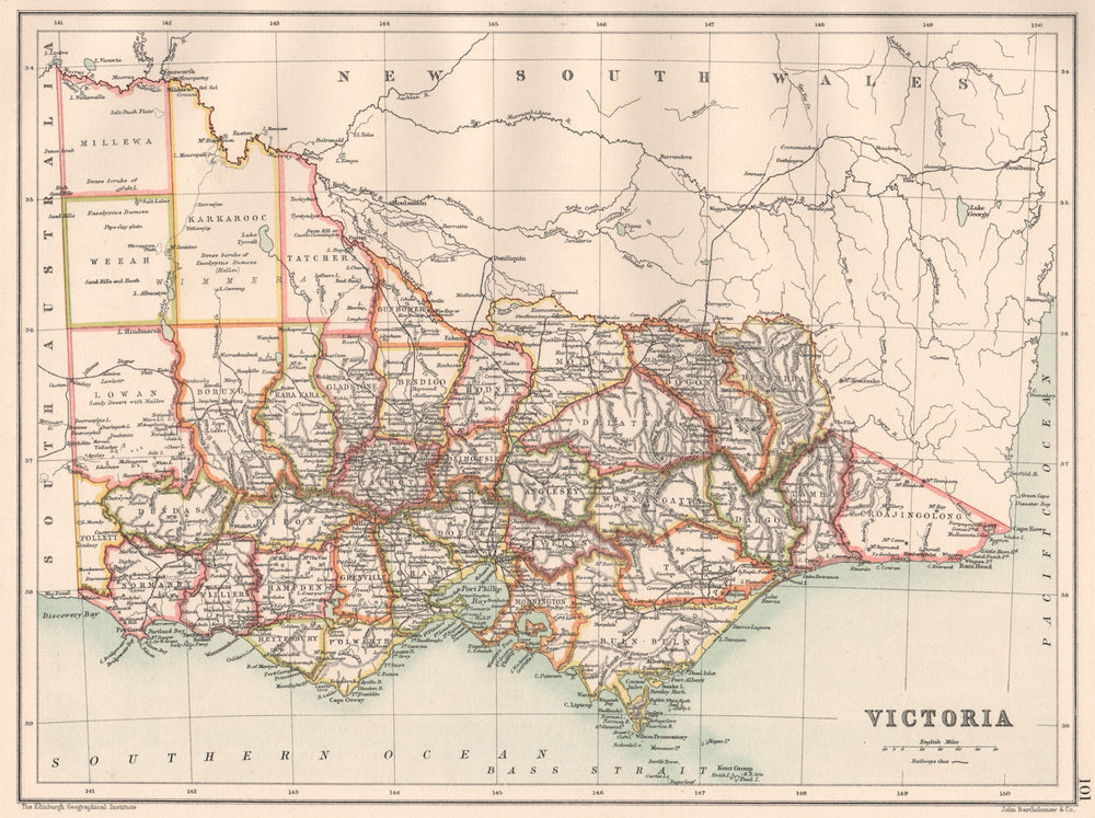VICTORIA. State map showing counties. Australia. BARTHOLOMEW 1891 old