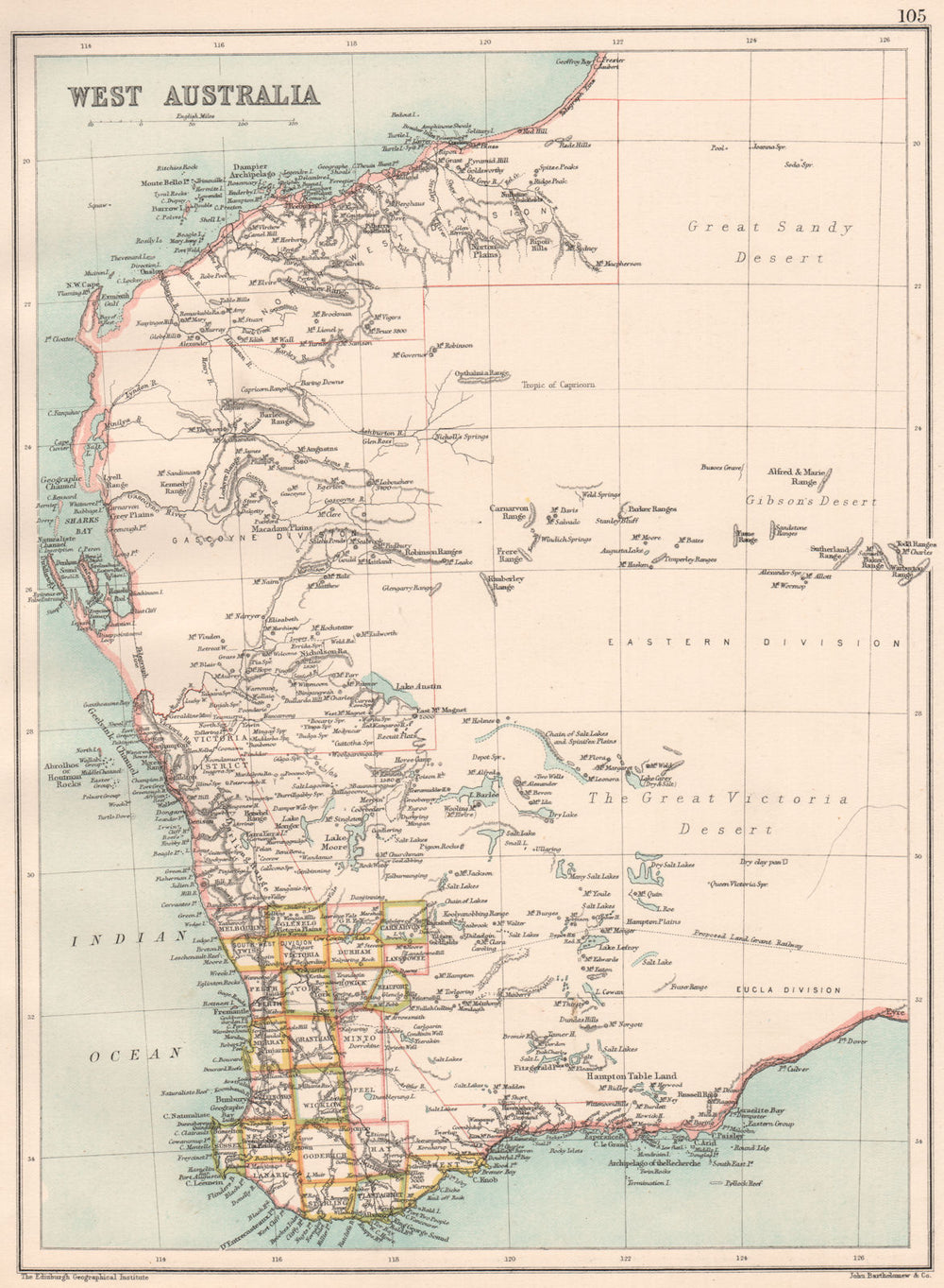 WESTERN AUSTRALIA. State map showing counties & divisions. BARTHOLOMEW 1891