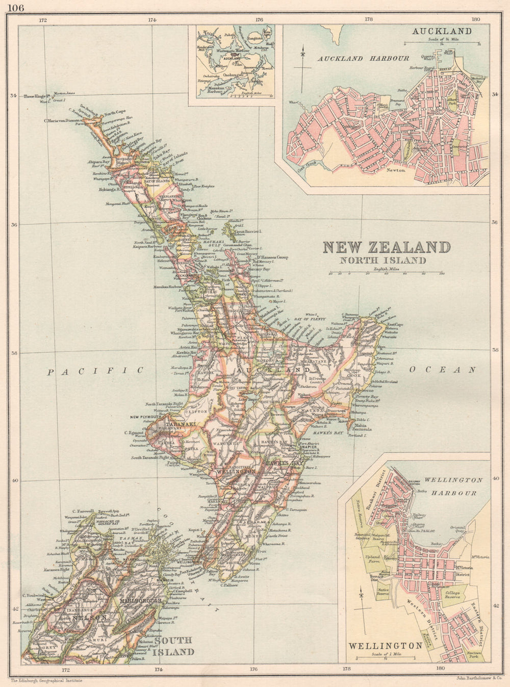 NEW ZEALAND NORTH ISLAND. Showing counties. Auckland & Wellington 1891 old map