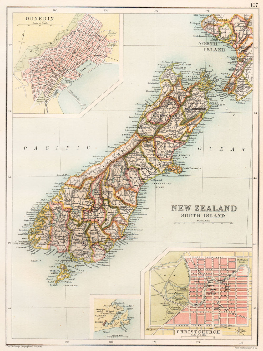 NEW ZEALAND SOUTH ISLAND. Showing counties. Christchurch & Dunedin 1891 map