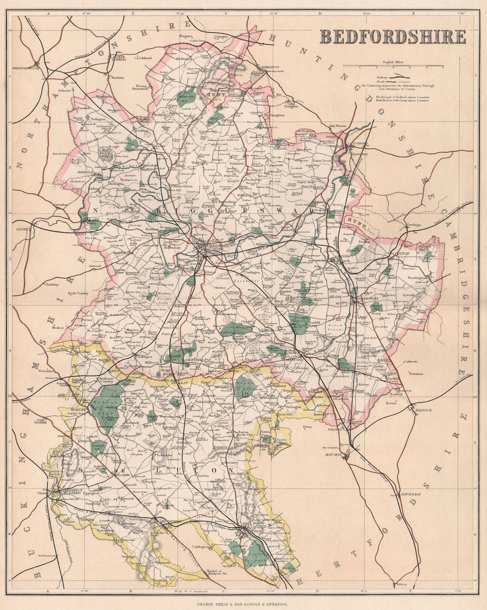 BEDFORDSHIRE. County map. Luton & Biggleswade parliamentary boroughs.PHILIP 1902