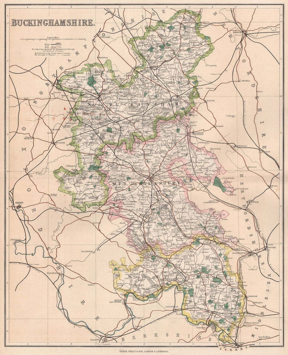 BUCKINGHAMSHIRE. County map. Buckingham Aylsebury Wycombe divisions. PHILIP 1902