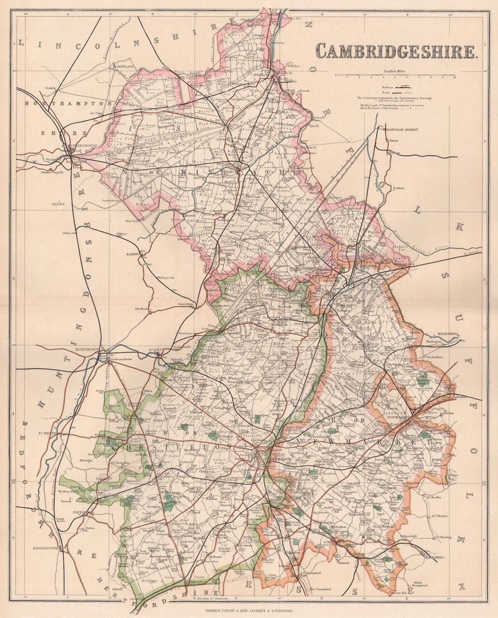 CAMBRIDGESHIRE. County map. Wisbach Newmarket Chesterton divisions. PHILIP 1902