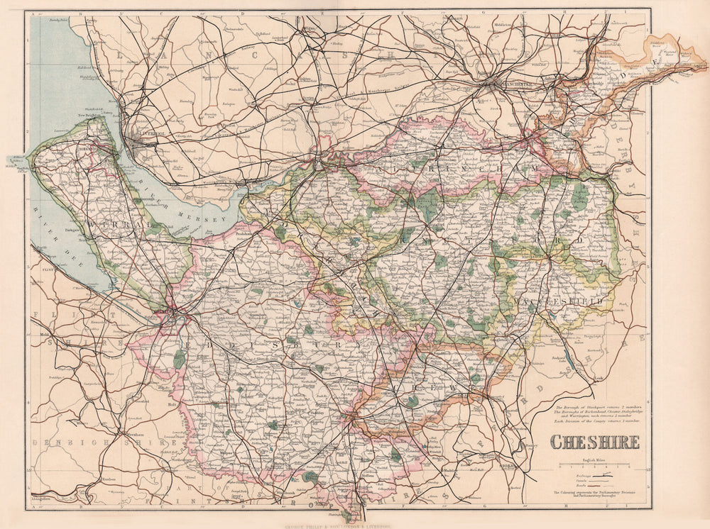 CHESHIRE. County map. Divisions. Eddisbury Wirral Knutsford Crewe &c.PHILIP 1902