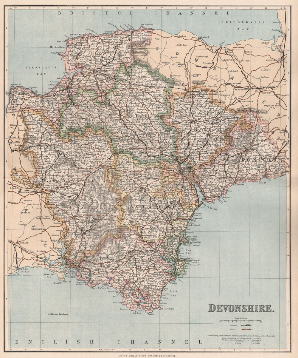 DEVONSHIRE. Devon. County map. Divisions & parliamentary boroughs. PHILIP 1902