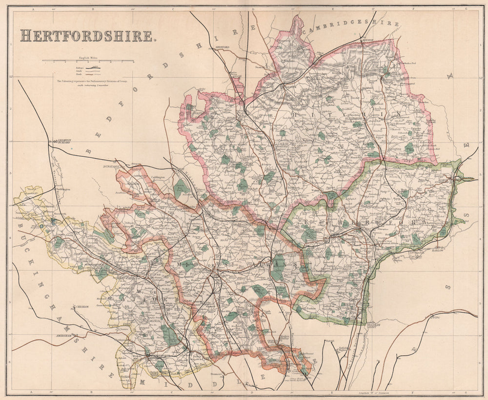 HERTFORDSHIRE.County map.Watford St Albans Hertford Hitchin boroughs.PHILIP 1902